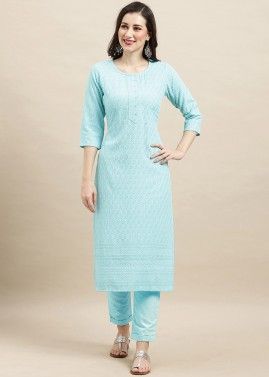 Blue Sequins Embroidered Kurti In Rayon