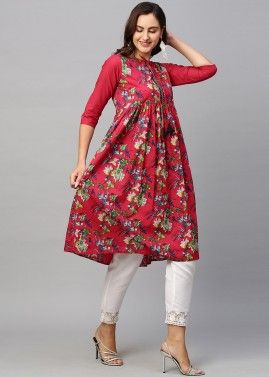 Red Floral Printed Kuri In Cotton