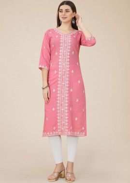 Pink Chikankari Embroidered Readymade Silk Kurti