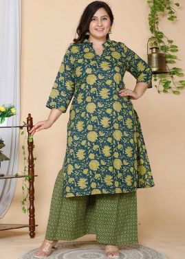 Readymade Green Floral Print Kurta & Sharara Set