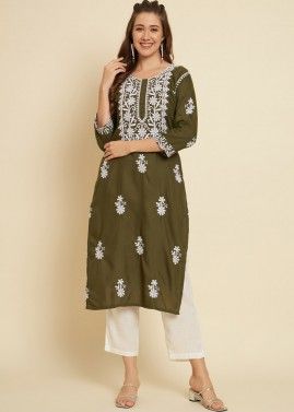 Green Cotton kurti In Chikankari Embroidered