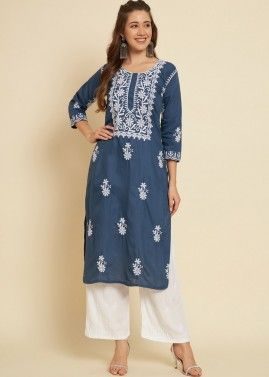 Blue Chikankari Embroidered Cotton kurti