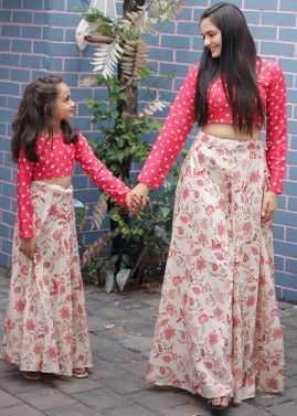 Red Readymade Art Silk Skirt Set For Mother & Daughter