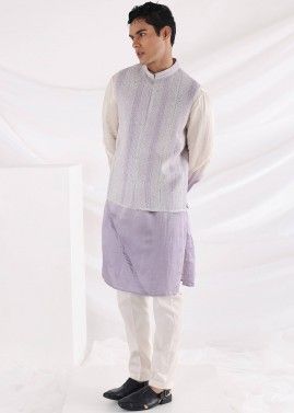 Purple & White Kurta Pajama With Beaded Nehru Jacket
