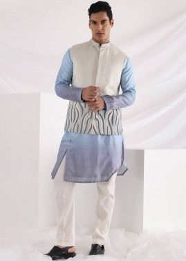 Blue Silk Kurta Pajama With Cut Beaded Nehru Jacket