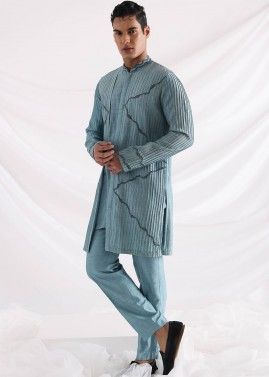 Blue Asymmetric Bead Worked Kurta Pajama Set