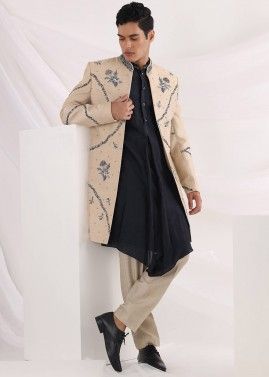 Cream Sequinned Indo Western Sherwani With Cotton Pant