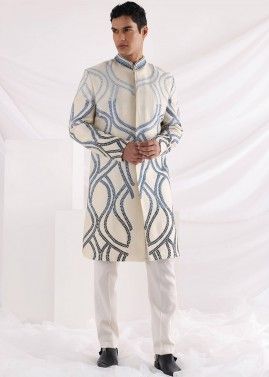 White Thread Embroidered Indo Western Sherwani With Pant