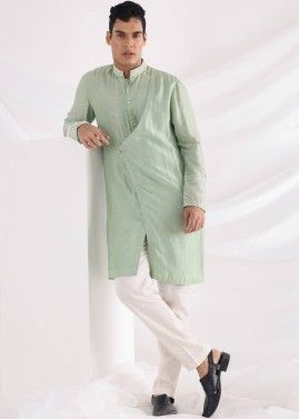 Green Indo Western Beaded Asymmetric Kurta Pajama
