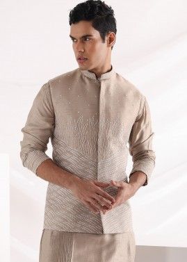 Beige Thread Embroidered Linen Nehru Jacket