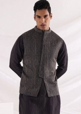 Black Readymade Thread Embroidered Nehru Jacket