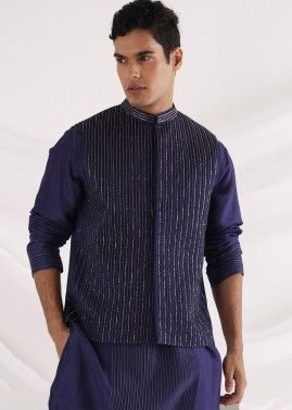 Blue Tuck Style  Zari Embroidered Nehru Jacket