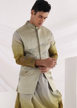 Cream Beaded Groom Nehru Jacket In Linen