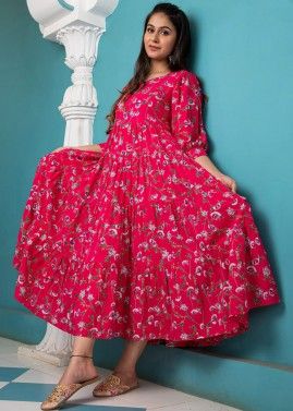 Pink Flared Style Readymade Floral Print Dress