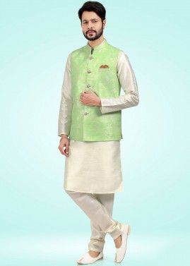 Crem Banarasi Silk Kurta Pajama & Woven Nehru Jacket