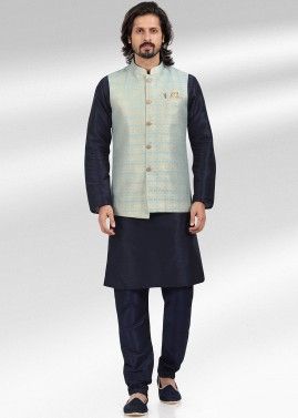 Navy Blue Kurta & Pajama With Woven Nehru Jacket