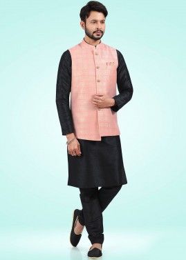 Readymade Black Kurta Pajama With Woven Nehru Jacket