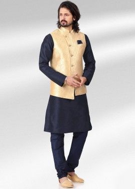 Readymade Navy Blue Banarasi Silk Kurta Pajama & Jacket