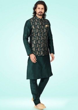Green Readymade Kurta Pajama & Woven Nehru Jacket