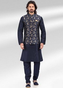 Navy Blue Kurta Pajama With Woven Nehru Jacket