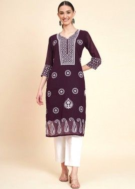 Purple Embroidered Long Kurti In Georgette