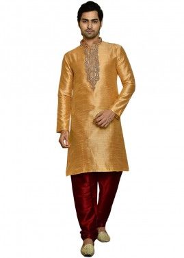 Golden Readymade Kurta Pajama In Art Silk