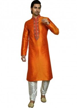 Orange Readymade Kurta Pajama In Art Silk