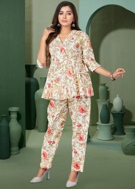 Cream Floral Printed Co-Ord Set In Cotton