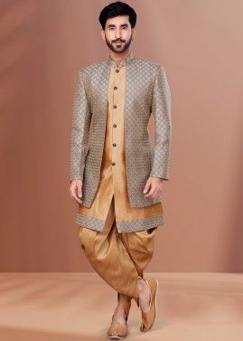 Brown Woven Jacket Style Mens Sherwani With Dhoti