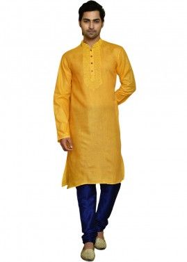 Yellow Embroidered Kurta Pajama In Cotton