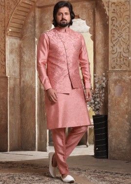 Readymade Pink Silk Kurta Pyjama With Jacket