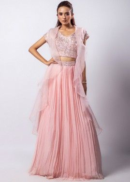 Pink Embroidered Skirt Set In Chiffon