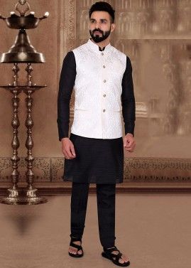 White Woven Nehru Jacket In jacqaurd
