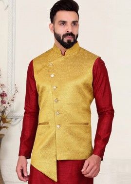 Readymade Yellow Asymmetric Nehru Jacket