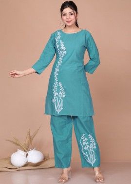 Blue Embroidered Co-Ord Set In Cotton