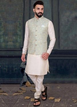 Readymade Cream Kurta With Woven Nehru Jacket