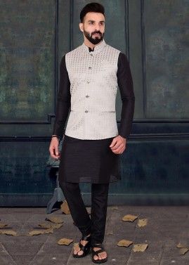 Black Readymade Kurta & Woven Nehru Jacket