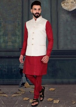 Maroon Kurta With Woven Nehru Jacket