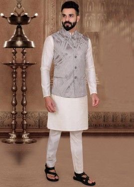 Cream Silk Kurta & Woven Nehru Jacket