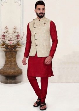 Maroon Silk Kurta & Woven Nehru Jacket