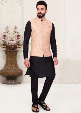 Black Silk Kurta With Woven Nehru Jacket