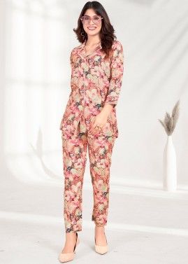 Peach Printed Co-ords Set In Rayon