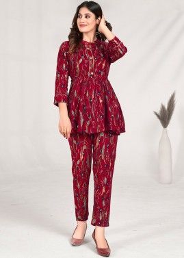 Maroon Printed Co-ords Set In Rayon