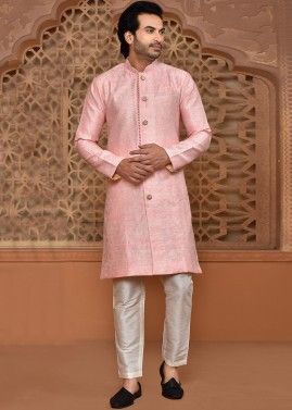 Pink Mens Indowestern Sherwani In Banarasi Silk