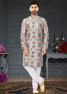 Multicolor Mens Printed Kurta Pajama In Silk