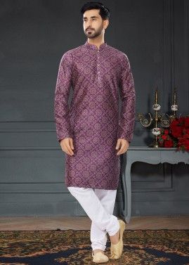 Purple Silk Kurta Pajama In Digital Print
