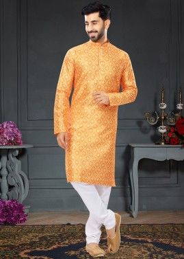 Orange Digital Printed Kurta Pajama For Mens
