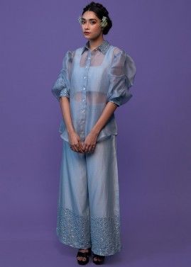 Blue Embroidered Organza Co-Ord Set