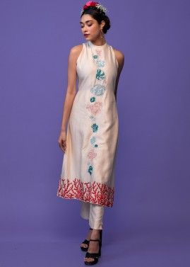 Cream Embroidered Co-Ord Set In Chanderi