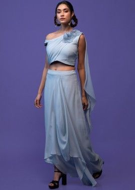 Blue Readymade Crop Top & Draped Skirt Set